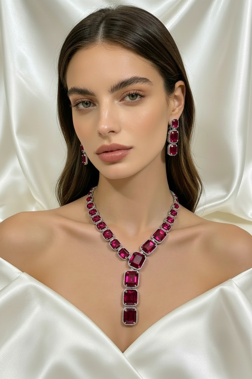 A woman with dark hair models a gold-toned jewelry set featuring a Y-shaped necklace and matching drop earrings with large rectangular pink gemstones, set against a draped white satin background.