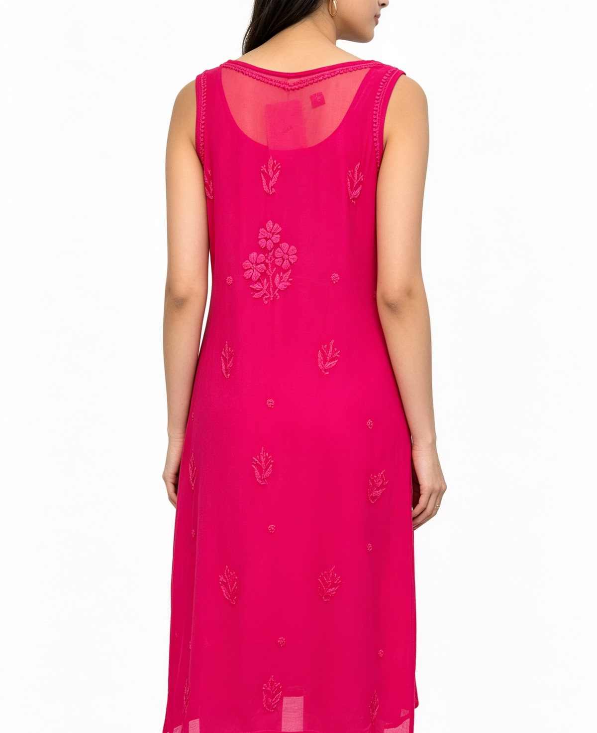 A woman wearing a sleeveless hot pink kurta with tonal floral embroidery, shown from the back against a plain white background.