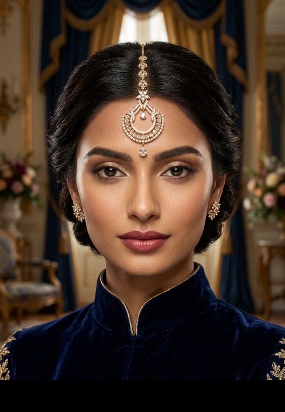 A woman with dark hair styled in a bun wears a gold-toned Indian maang tikka and matching earrings, paired with a dark navy velvet high-collar garment with gold embroidery, set against a background of blue drapery and gold columns.