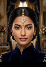 A woman with dark hair styled in a bun wears a gold-toned Indian maang tikka and matching earrings, paired with a dark navy velvet high-collar garment with gold embroidery, set against a background of blue drapery and gold columns.