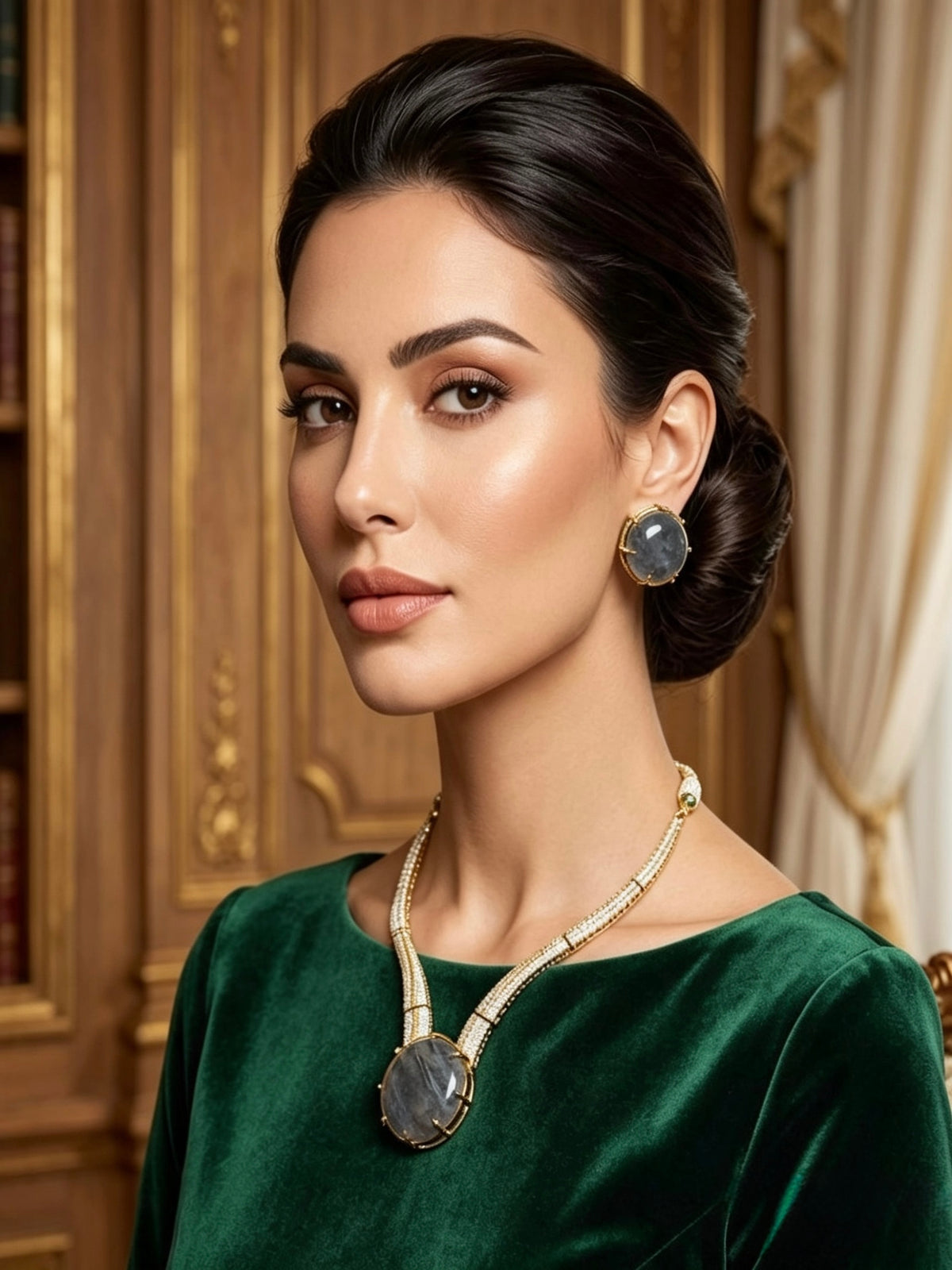A woman with dark hair styled in an updo wears a green velvet top and a statement necklace with a large oval gray stone pendant, alongside matching earrings, set against an elegant warm brown wood-paneled background.