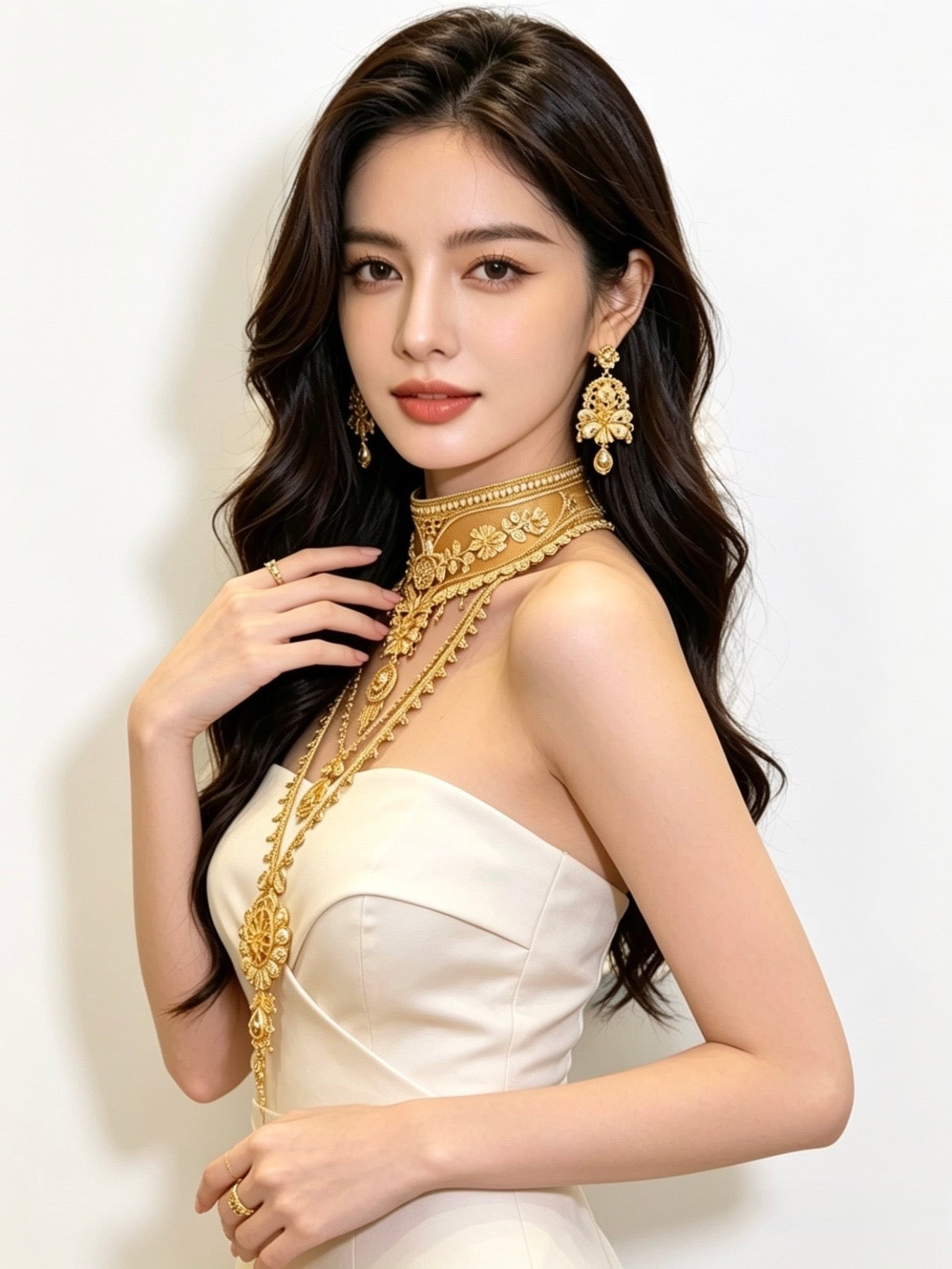 A woman with long dark wavy hair models ornate gold jewellery, including a high-neck choker, matching drop earrings, and rings, paired with a white strapless dress against a plain white background.