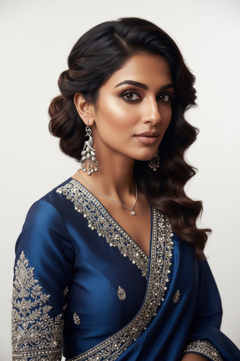 A woman with styled dark hair wears a deep blue traditional outfit with ornate silver embroidery and dangling silver earrings, photographed indoors against a warm decorative background.