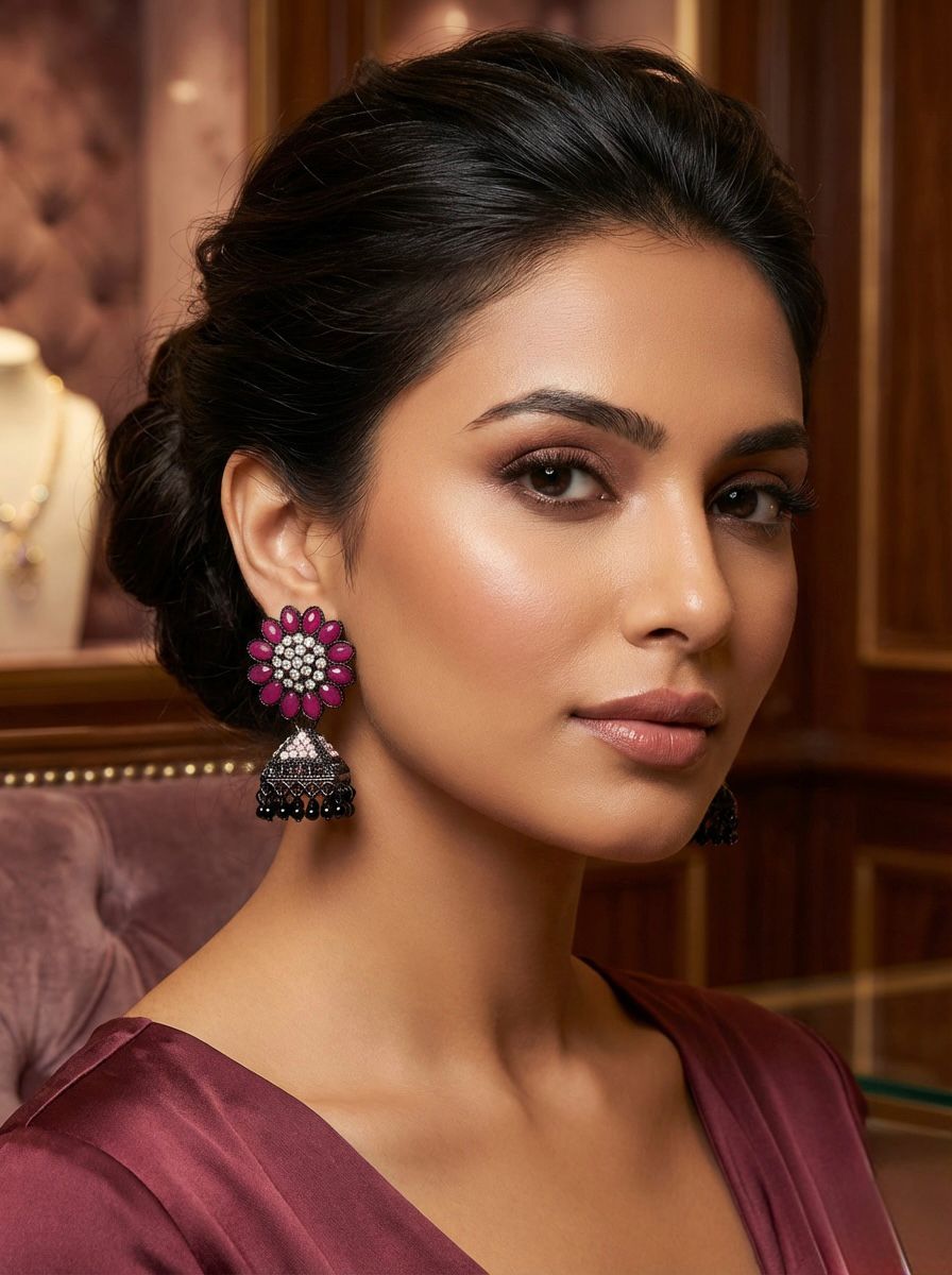 A women wearing a pair of black brass jhumka earrings featuring a vibrant magenta-pink stone floral stud and a matching stone-accented bell-shaped jhumka base.