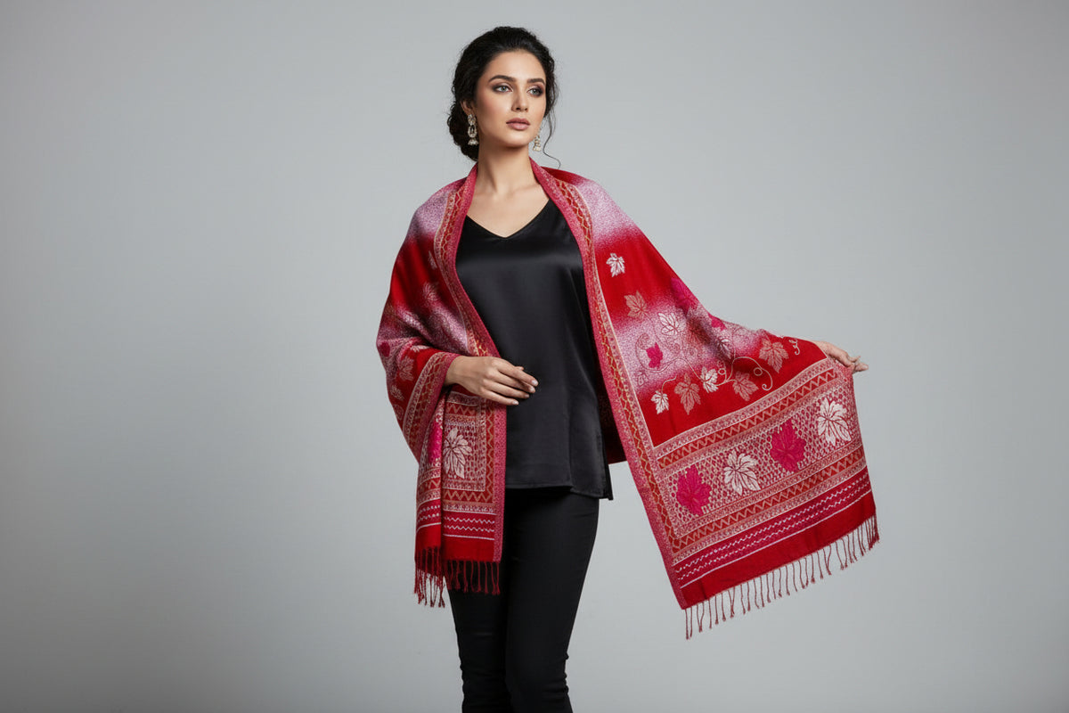 A woollen weaved scarf with a double-sided design, featuring a maple traditional pattern on borders and in the middle, primarily in red and beige colours. 2. 5 Yard long and 1 yard wide shawl. Famaza Couture 