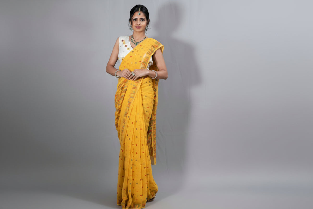 A yellow colour Georgette Saree with chikankari Keel Jaal Embroidery and Resham Work, with a red blouse piece and traditional Indian jewellery.