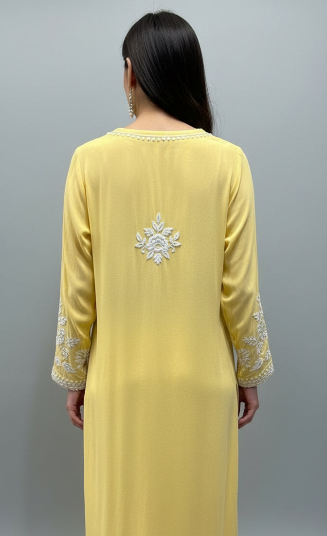 A yellow colour modal fabric kurti rear view with floral Ghass Patti hand embroidery 