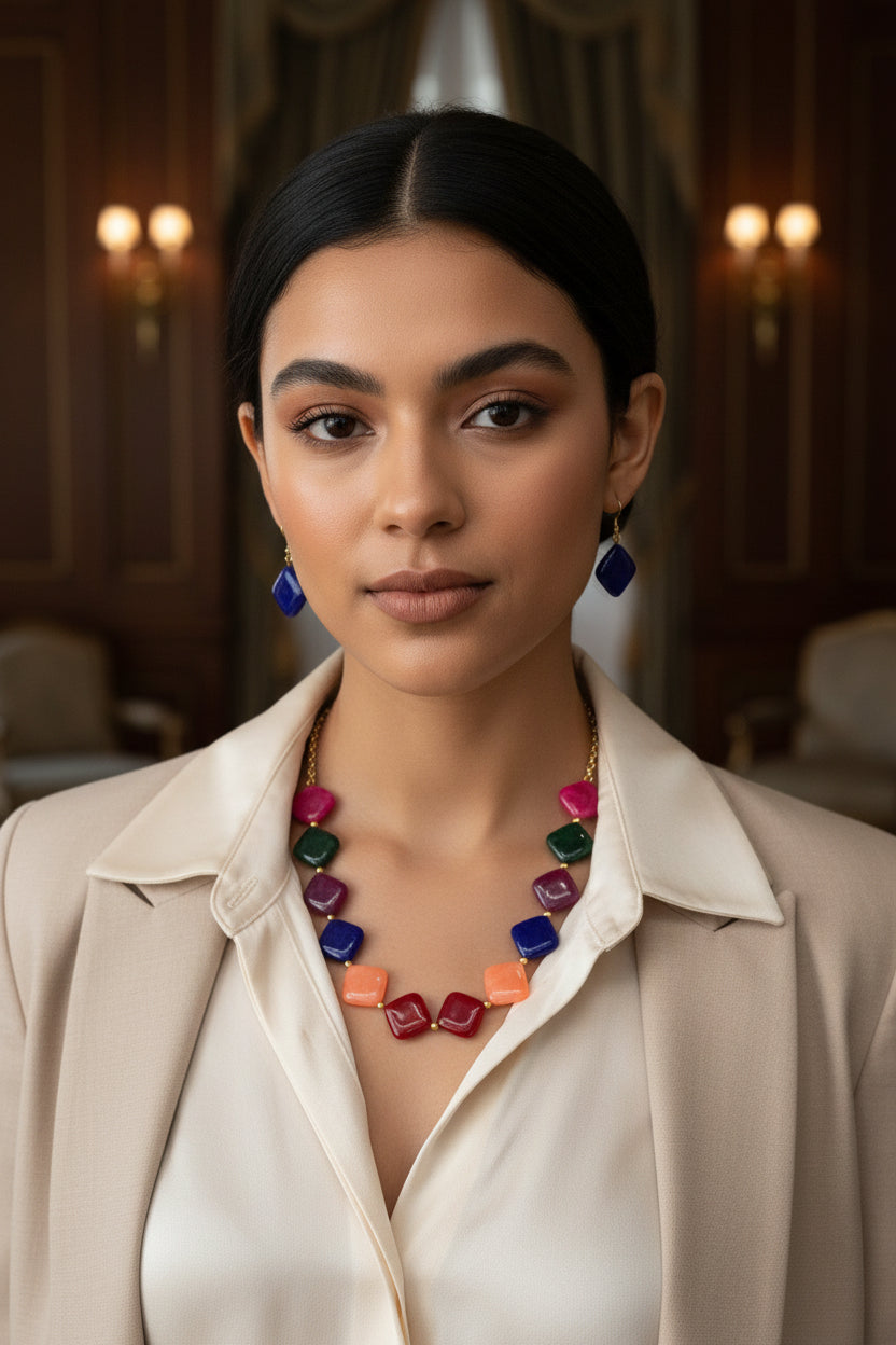 A young woman modeling the Royal Blue variant of the Facet Rhombus Necklace. The image highlights the bright magenta and deep green diamond beads against her skin, paired with matching royal blue rhombus-cut earrings for a high-contrast, trendy jewelry look.