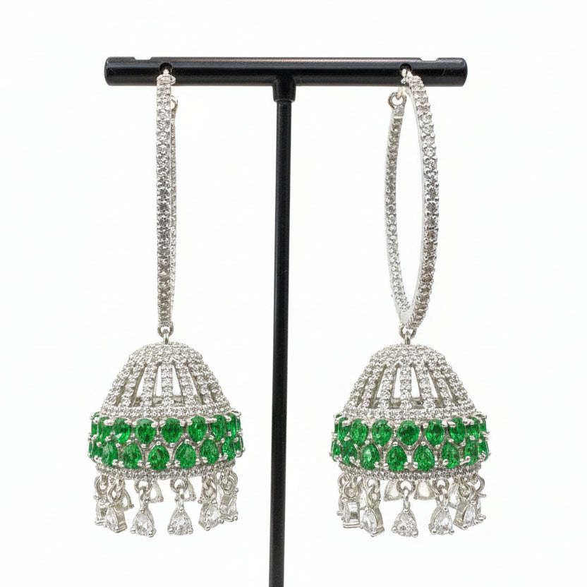 American Diamond silver and green stone hoop earrins jhumkas.