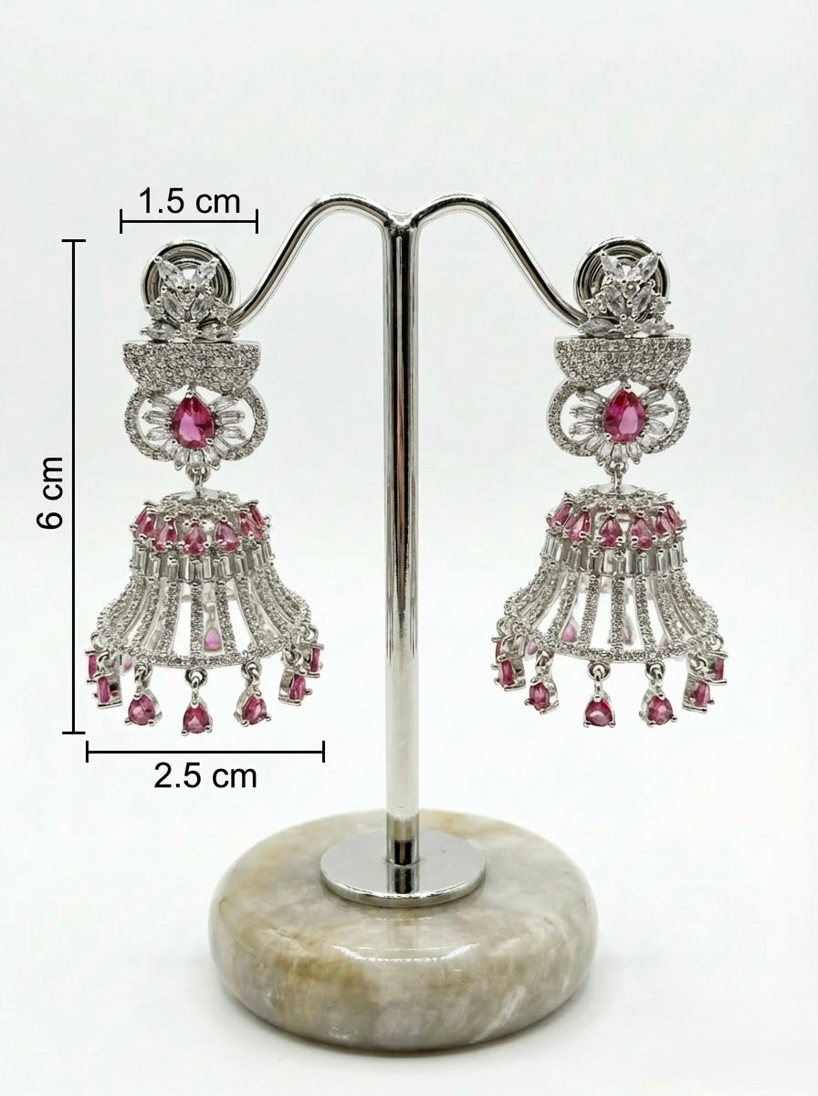 American diamond bell jhumnka earrings with hot pink and white cubic zirconia stones earrings with measurements. 