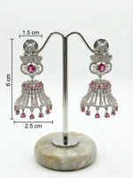 American diamond bell jhumnka earrings with hot pink and white cubic zirconia stones earrings with measurements. 