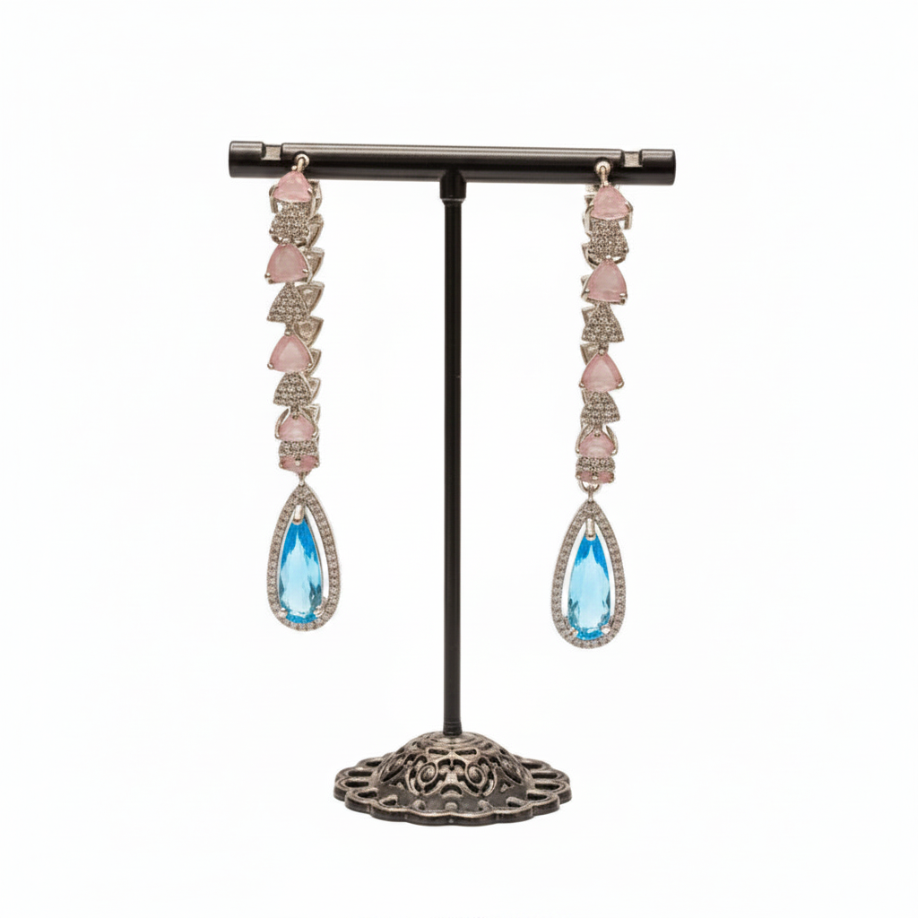 American diamond earrings with pink and sky blue. 