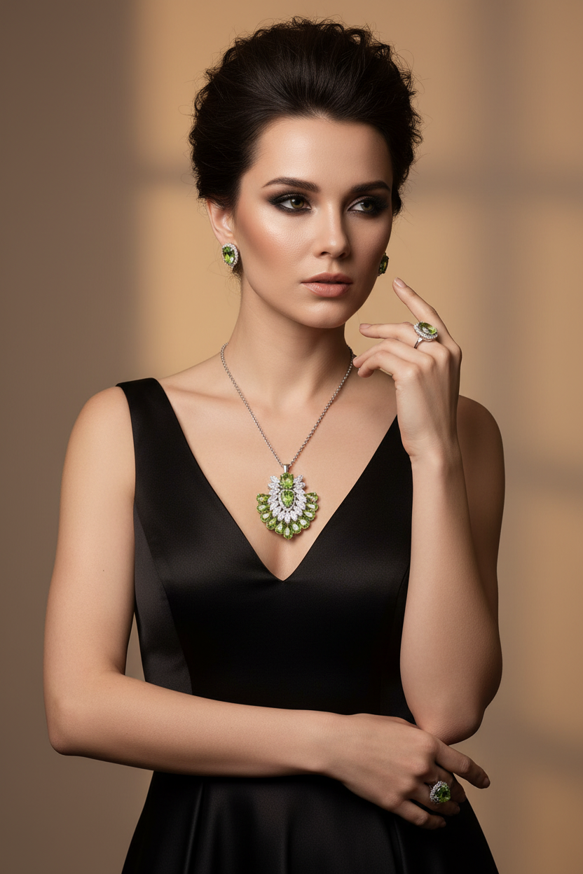 A woman in a black satin dress models a green and white gemstone pendant necklace, matching green earrings, and a green ring against a warm beige background.