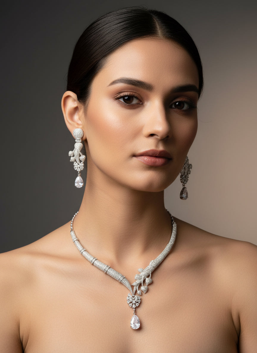 Americna dimond white nano stones wit centre white stones necklace and earring set with intricate detailing and sparkling stones by famaza coututre 