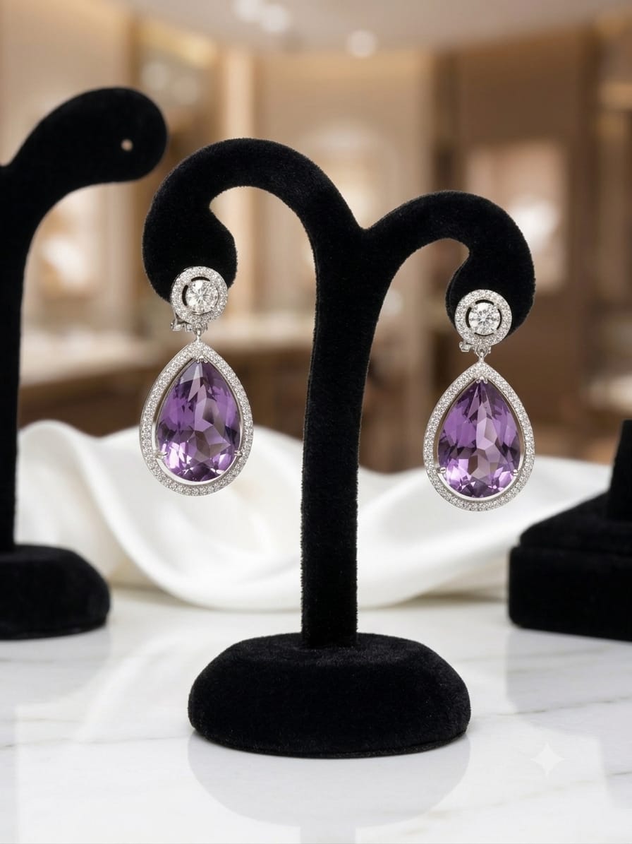 Amethyst teardrop purple earrings with diamond-style setting, perfect for formal occasions.