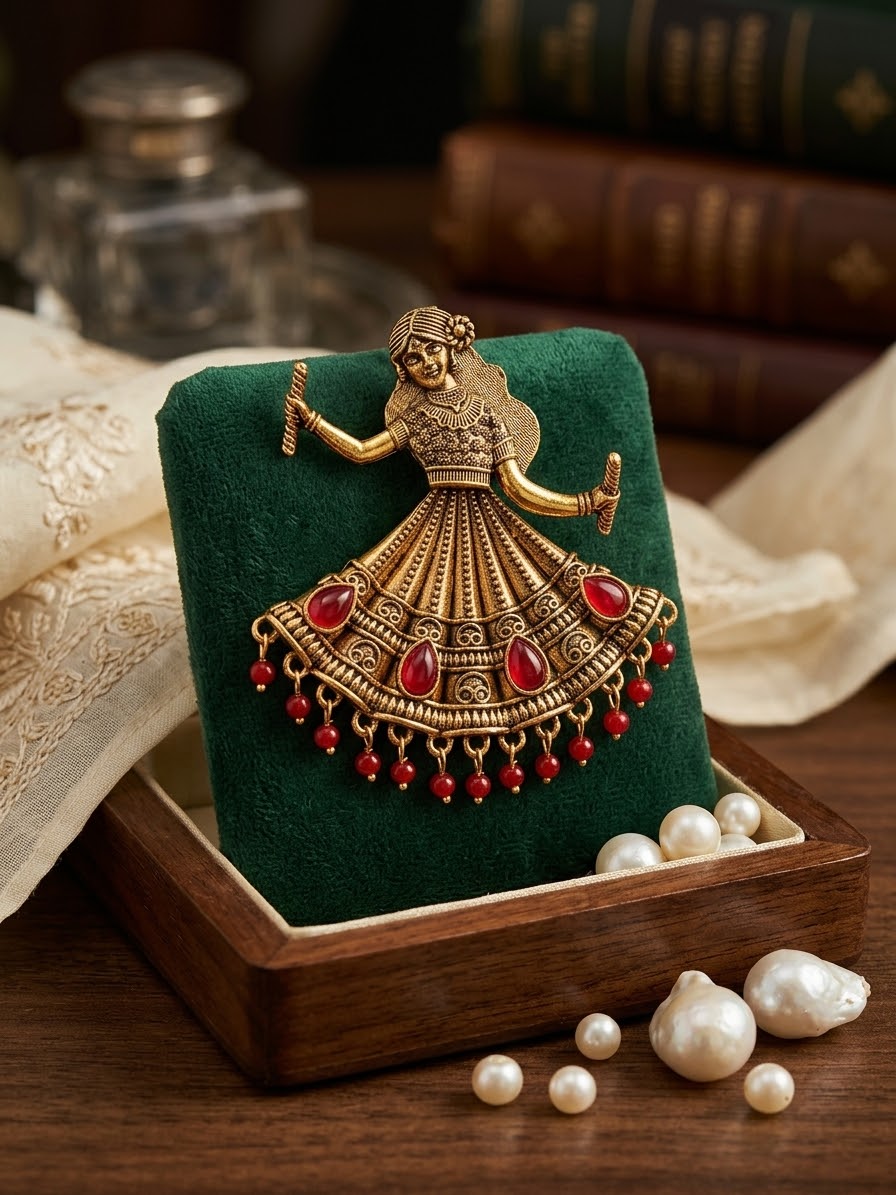 An ornate gold-toned dancing doll earrings in a decorated dress with red gemstone accents, displayed on a dark green velvet stand inside a wooden box with pearls nearby.