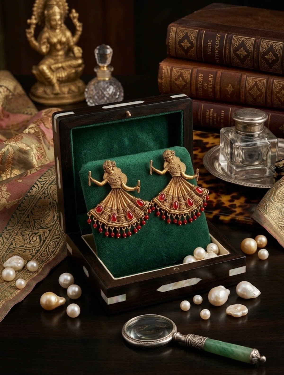 A pair of ornate gold earrings shaped like dancing figures with red gemstone drapes, displayed in an open dark wooden box lined with green velvet. The box sits on a dark wooden table surrounded by decorative props including pearls, a magnifying glass, books, and glassware.