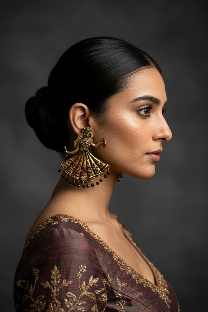 A woman in profile wearing a large ornate gold-toned jhumka earring with dangling black beads, photographed against a dark gray studio background.