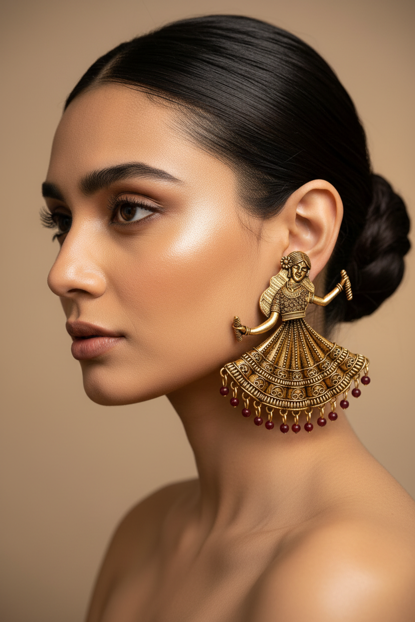 A close-up portrait of a woman in profile wearing an ornate gold-toned traditional earring with dangling fan-like details and small red bead accents, against a warm beige studio background.