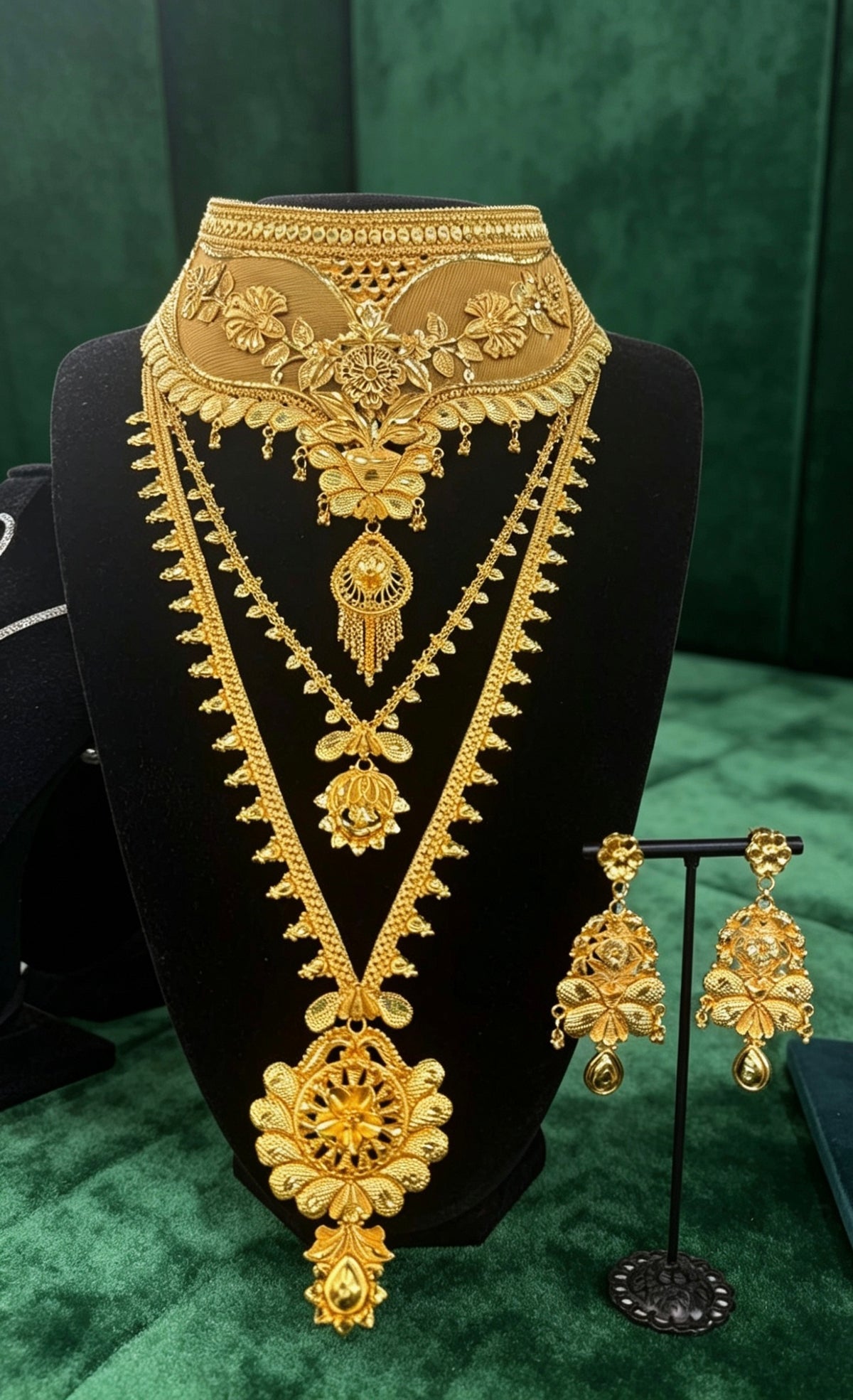 An ornate gold-toned traditional necklace set displayed on a black jewelry bust, with matching dangling earrings on a small stand beside it, against a dark green velvet background.
