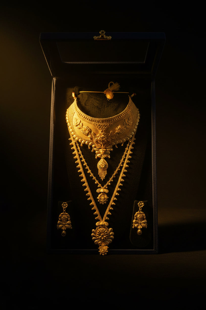 An ornate gold jewelry set displayed inside a dark blue presentation box. The set includes a layered gold necklace with a large choker and long dangling chains, a matching pendant, and two matching earrings, all arranged on black velvet inserts.