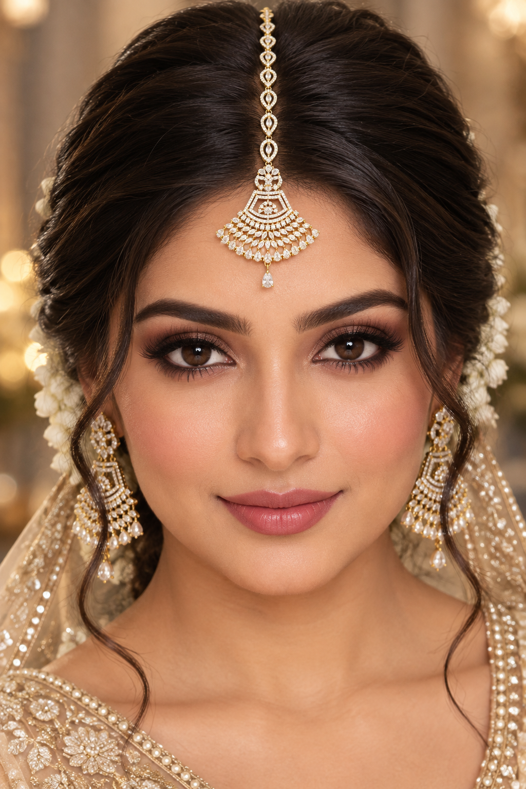 Anfal gold plated fan‑shaped American Diamond maang tikka styled on bridal model with soft gold makeup and embroidered ivory gold outfit — Famaza Couture premium wedding forehead jewelry.