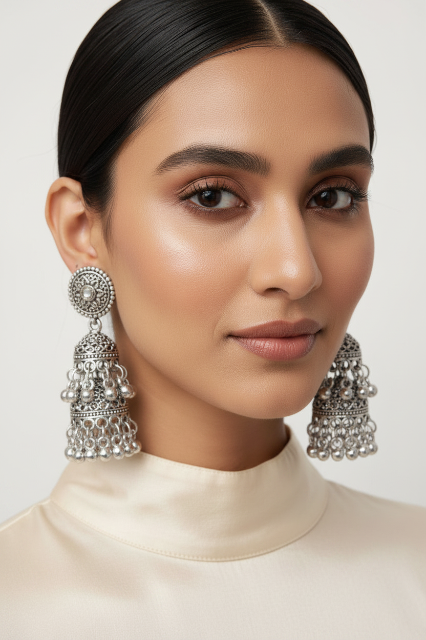 Dual-Tone & Silver Oxidised Silver Stone Studded Jhumka Earrings