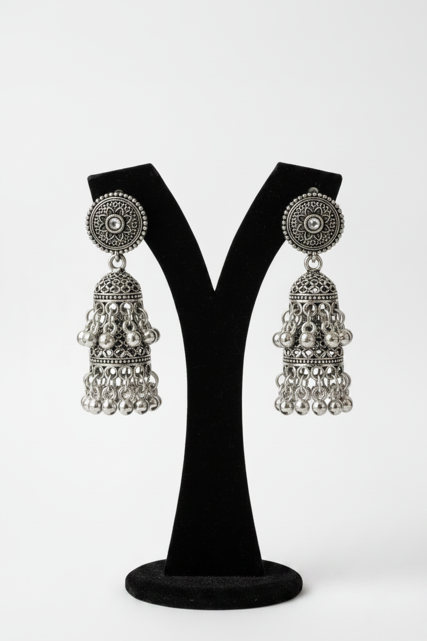 Dual-Tone & Silver Oxidised Silver Stone Studded Jhumka Earrings