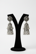 Dual-Tone & Silver Oxidised Silver Stone Studded Jhumka Earrings