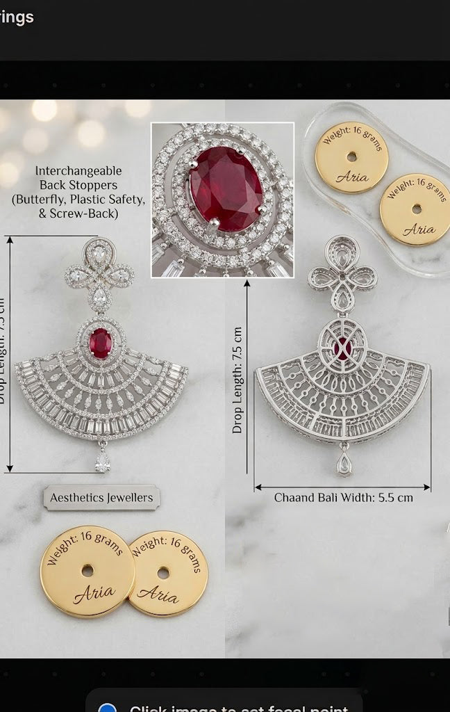 Luxury Aria Chaand Bali statement earrings with a vibrant red oval centerpiece and detailed diamond-cut accents. Product infograph highlights a 7.5 cm drop length, 5.5 cm width, a total weight of 16 grams, and features interchangeable back stoppers including butterfly, plastic safety, and screw-back options.