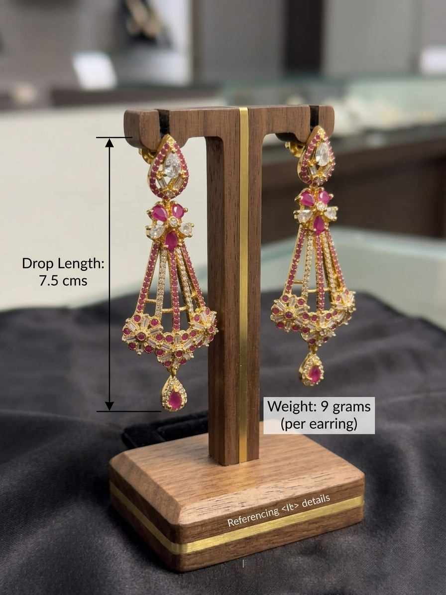 Elegant gold-plated long chandelier earrings featuring intricate ruby red and clear white zircon stones, displayed on a wooden stand with a 7.5 cm drop length.
