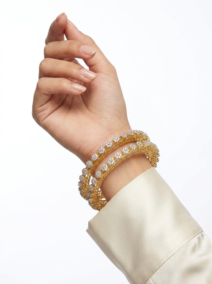 Handmade Zahra Floral Lattice Bangles – Gold Plated Jali Kada (Pair) ✨🌸