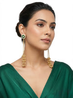 Emerald Green Stud Golden Ghungroo Tassel Earrings — 19cm Drop Brass Statement Kashmiri Earrings