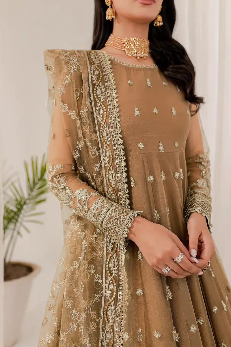Elegant Beige Pakistani 3-Piece Party Wear Maxi Dress | Long Embroidered Evening Gown