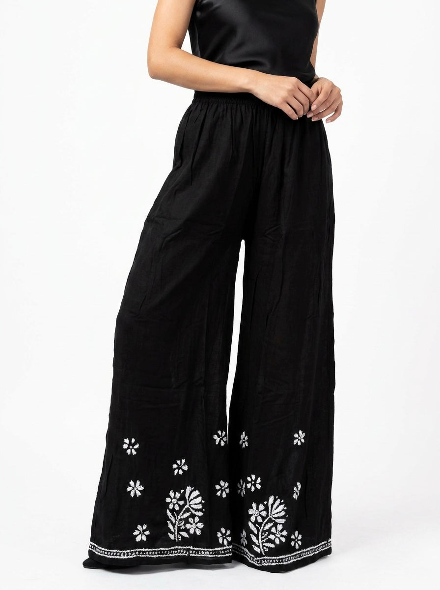 Back of black Ghasspati modal trousers – white silk hand embroidery