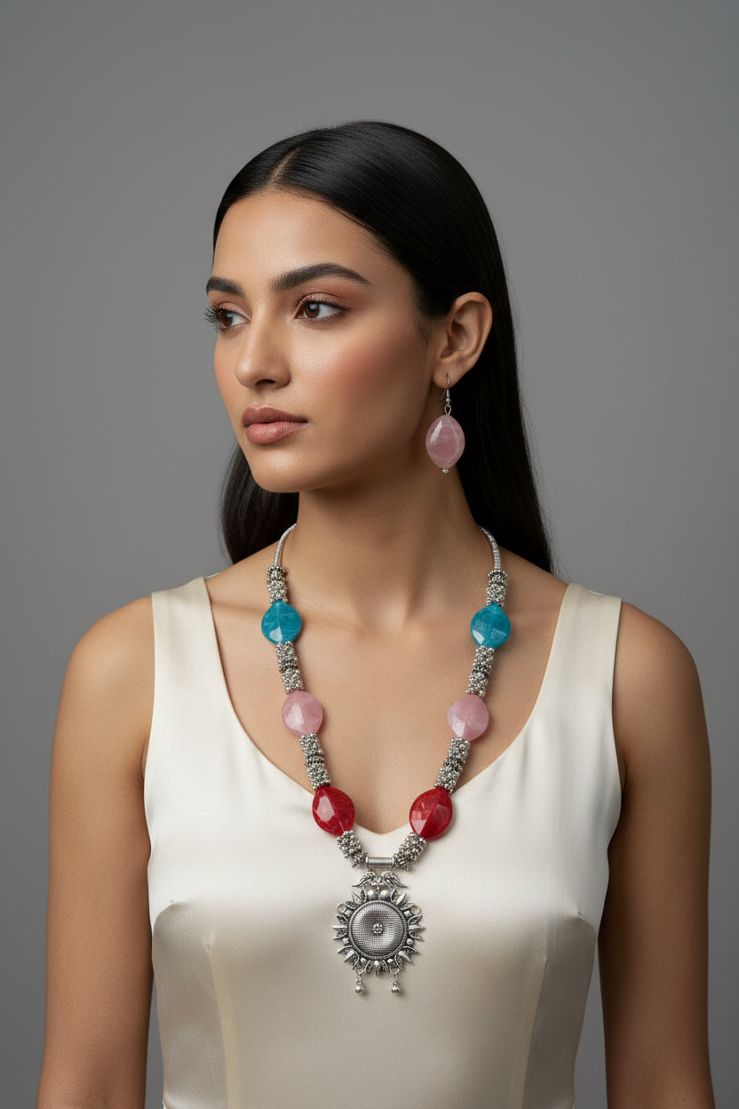 Beaded necklace with colourful beads on a black background