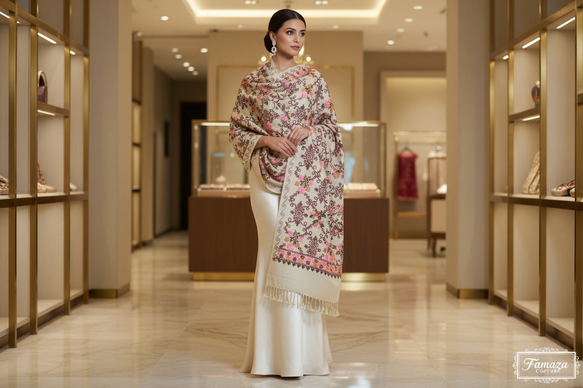 Beige colour kashmiri pashmina shawl with multi colour thread machine embroidery with tassels on both ends. 