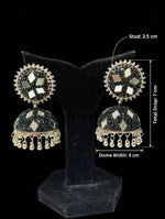 Black mirror bead jhumka — 7cm total drop, 3.5cm stud, 4cm dome — silver-tone ghungroo trim, multi-shape mirror inlays, displayed on black velvet stand — Famaza Couture.