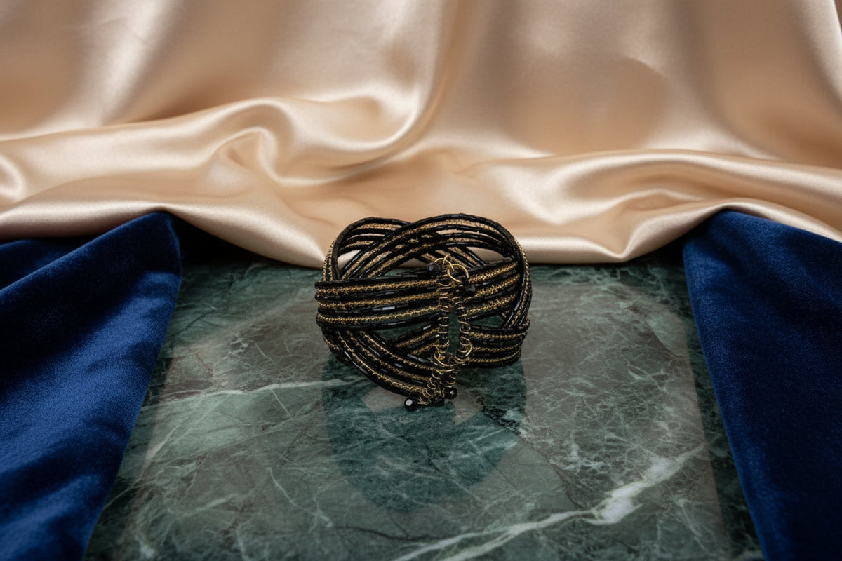 Black and gold glass beaded cuff bracelet for woman.