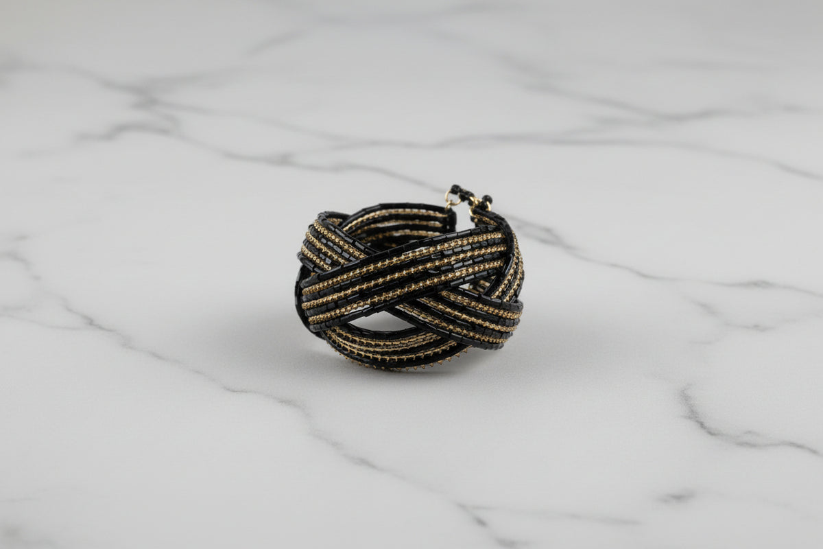 Black and gold glass beaded cuff bracelet for woman