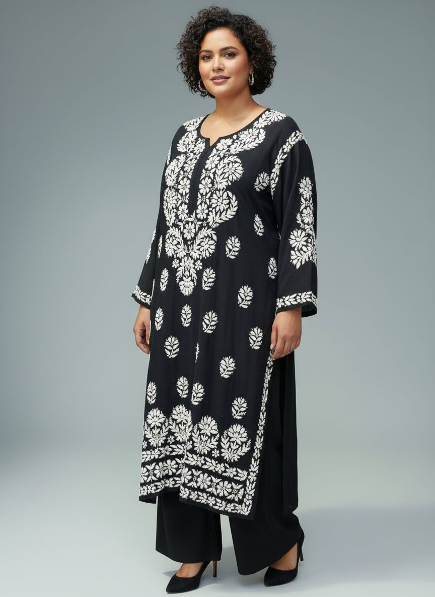 Black colour fabric long kurti with white chikankari embroidery in UKplus size kurti black
