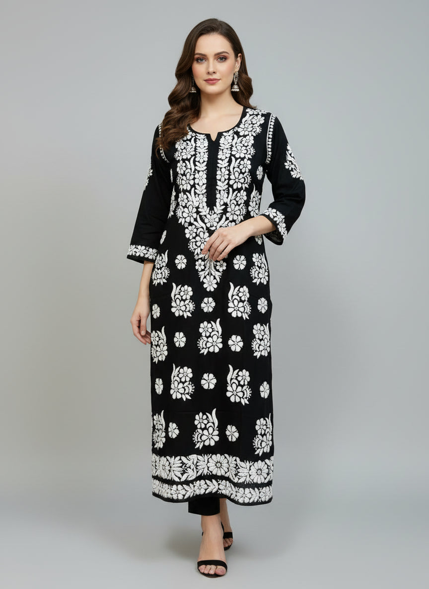 Black colour modal fabric 46 inches long kurti with white hand embroidery on all over the kurti and sleeves. 