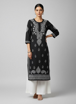 Black cotton kurta with white hand embroidery by famaza couture 