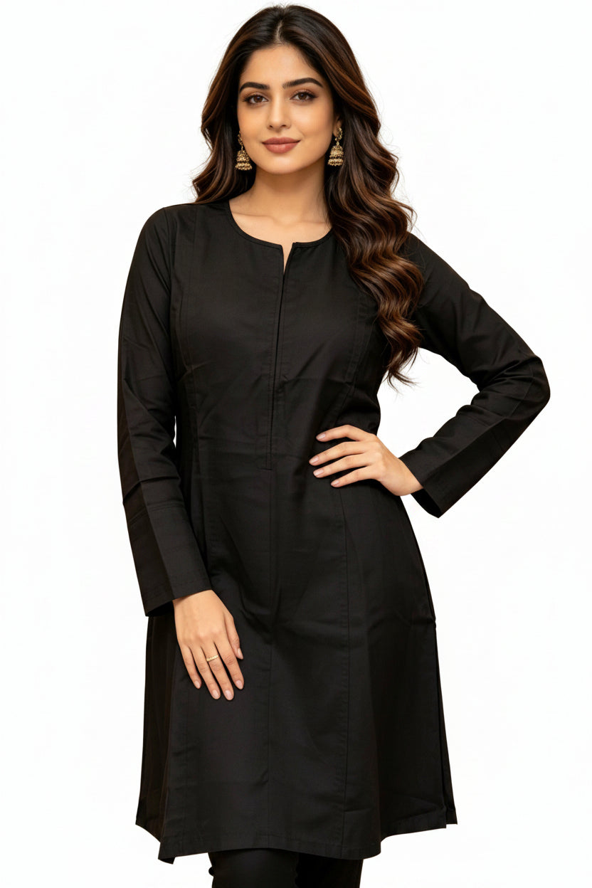 Black cotton self print kurti is being worn by a model. 