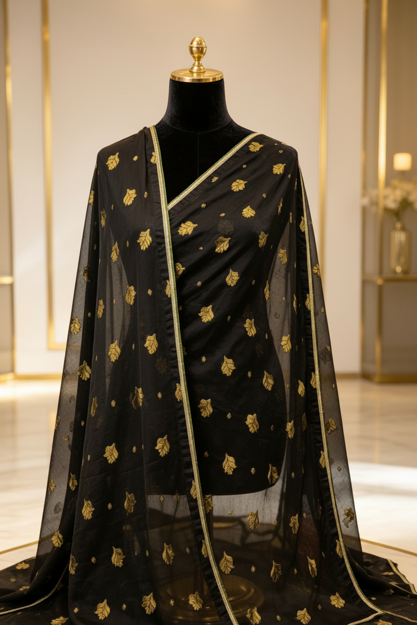 Black pure banarsi duppata with golden zarri work.