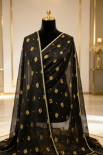 Black pure banarsi duppata with golden zarri work.