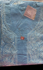 Blue chikankari kurti neck close up 
