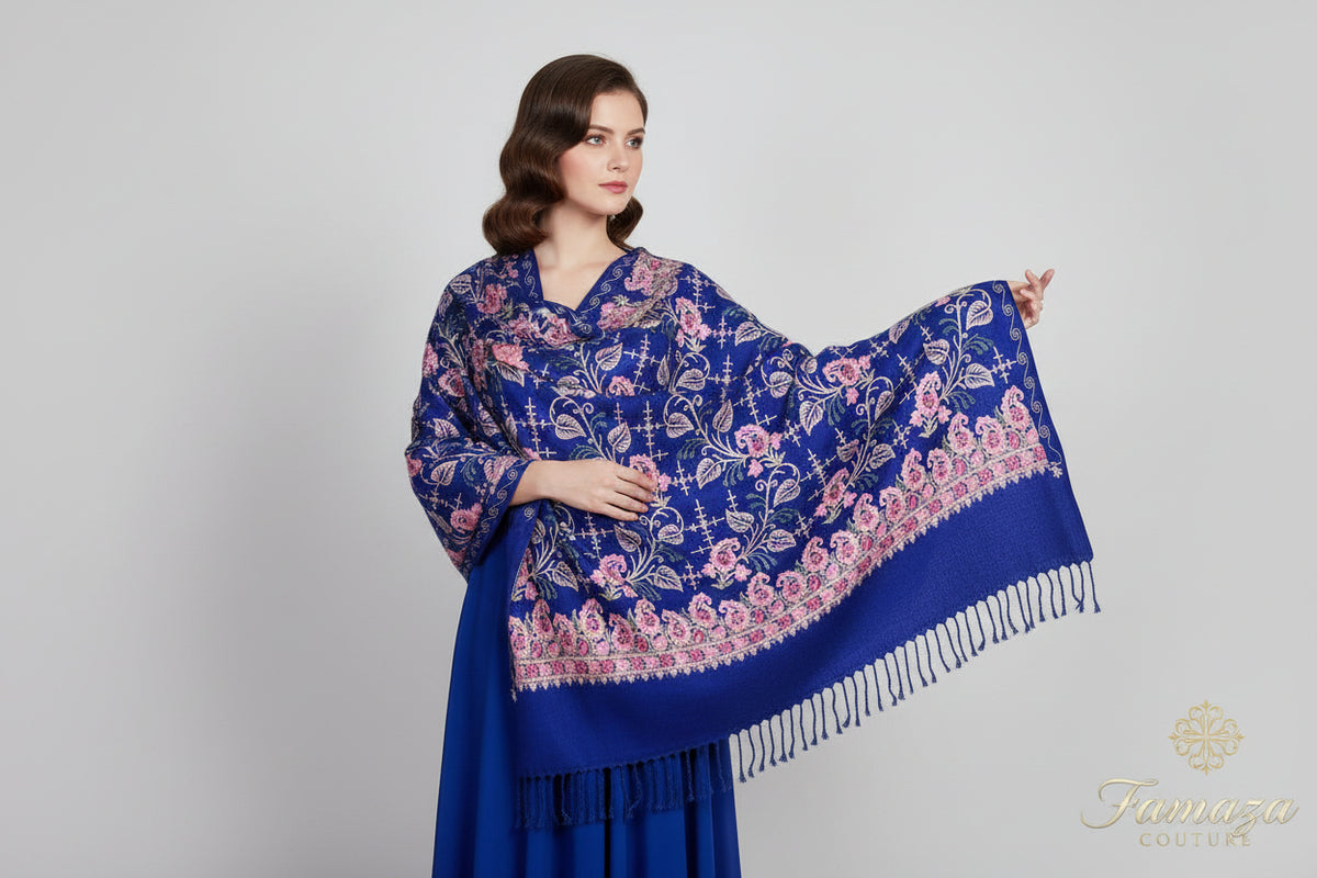 Blue colour Betal leaves jaal Kashmiri Embroidered Pashmina Scarf | Handcrafted Shawl – Famaza Couture