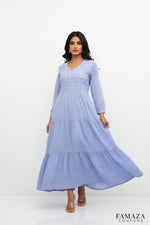 Blue embroidered colour chikankari dobby cotton fabric 3 laired flare longdressdress with same colour silk thread embroidery by Famaza Couture.