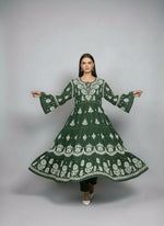 Bottle Green Colour Hand-Embroidered multi layered Flared Long Dress full front view-Luxury Chikankari by Famaza Couture London